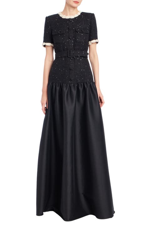 Sequin Tweed Drop Waist Gown
