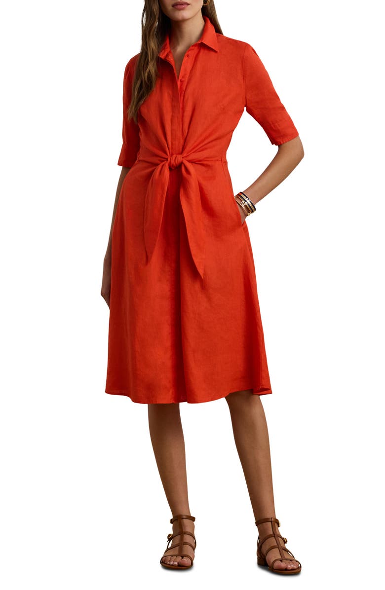 Lauren Ralph Lauren Front Tie Linen Shirtdress, Main, color, 