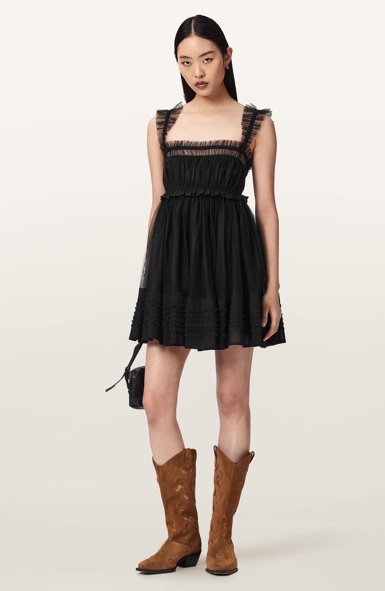 AllSaints Angela Tulle Detail Minidress, Alternate, color, Black