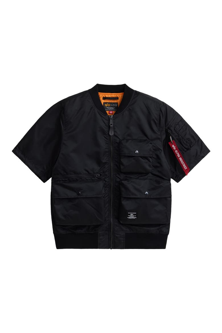 Short Sleeve Zip-Up Satin Flight Jacket, Main, color, BLACK