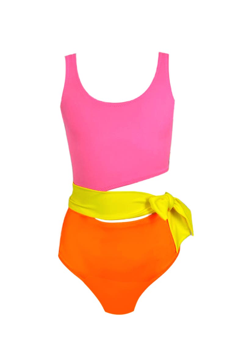 Kids' Cut-Out Yellow Belt Pop - One Piece Girl Swimsuit, Main, color, Pink-Orange