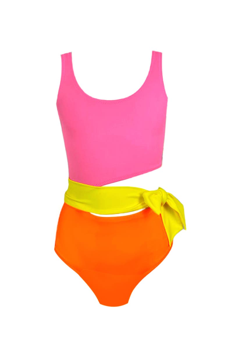 NESSI BYRD Kids' Cut-Out Yellow Belt Pop - One Piece Girl Swimsuit, Main, color, Pink-Orange