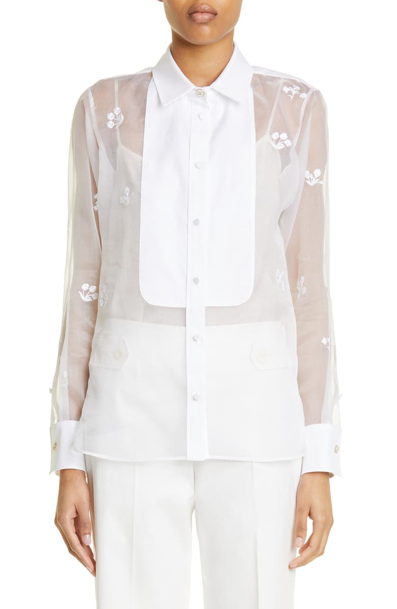 Max Mara Damara Embroidered Silk & Cotton Button-Up Shirt, Main, color,