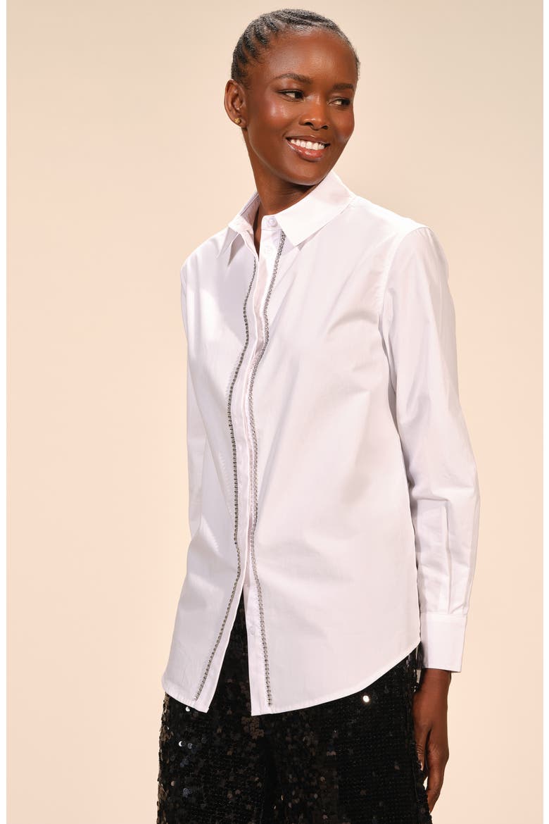 Rhinestone Embellished Cotton Button-Up Shirt, Alternate, color, WHITE