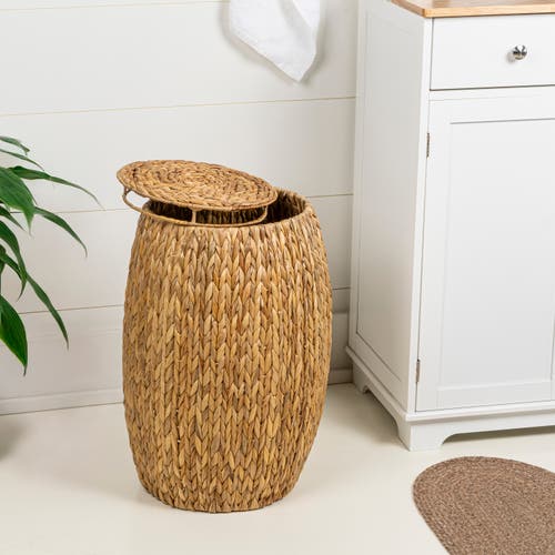 Happimess Colt Coastal Bohemian Handwoven Hyacinth Barrel Storage Stool With Lid In Natural