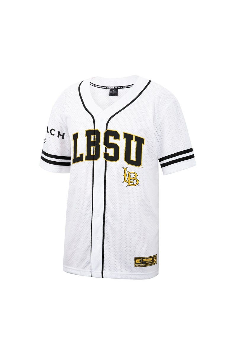 COLOSSEUM Men's Colosseum White Cal State Long Beach The Beach Free Spirited Mesh Button-Up Baseball Jersey, Alternate, color, 