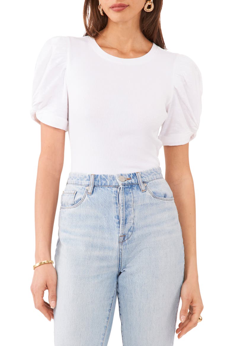Puff Sleeve Rib Knit T-Shirt, Main, color, ULTRA WHITE