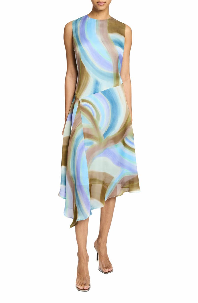Santorelli CECILIA Sleeveless Midi Dress with Asymmetrical Hemline in Abstract Swirl Print, Alternate, color, Aquamarine Multi