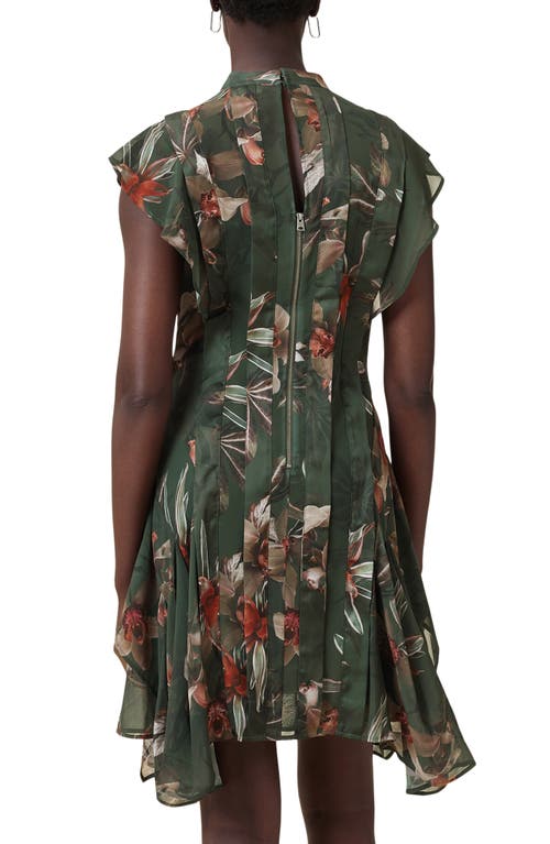 Allsaints Womens Adena Khaki Gr Fleur Floral-print Asymmetric-hem Woven Mini Dress