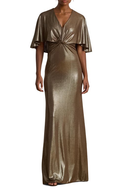 Ralph Lauren Lauren  Phinya Metallic Twist Front Capelet Gown In Brown