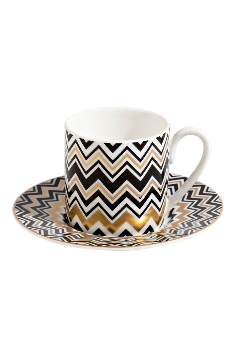 Coffee Cup & Saucer ZIG ZAG Set of 2 in Luxury Box Gold diam. 2.3", H 2.5", Cap. 4 oz, Saucer diam. 4.75", Alternate, color, Multicolor