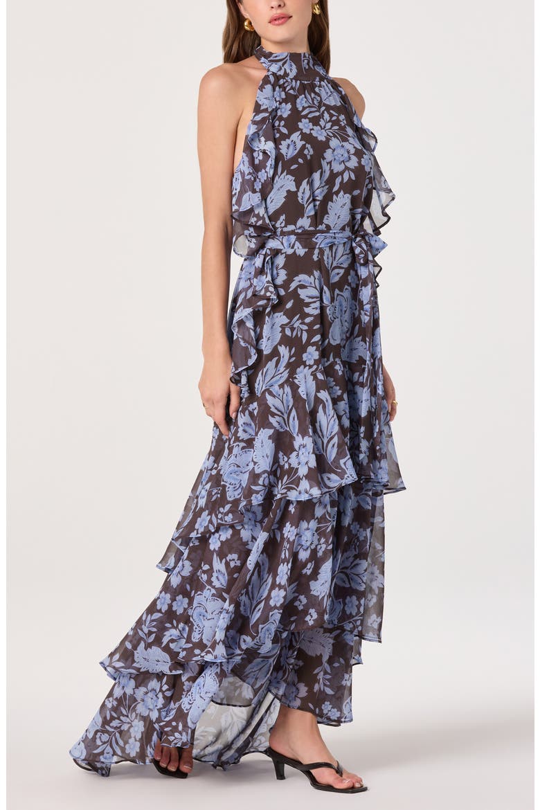 Floral Ruffle High Neck Maxi Dress, Alternate, color, BLUE BROWN FLORAL