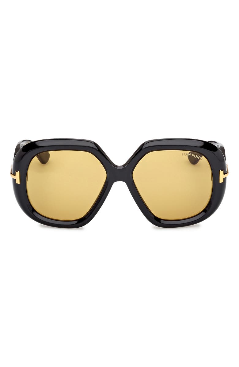 TOM FORD 56mm Geometric Sunglasses, Main, color, Shiny Black / Brown