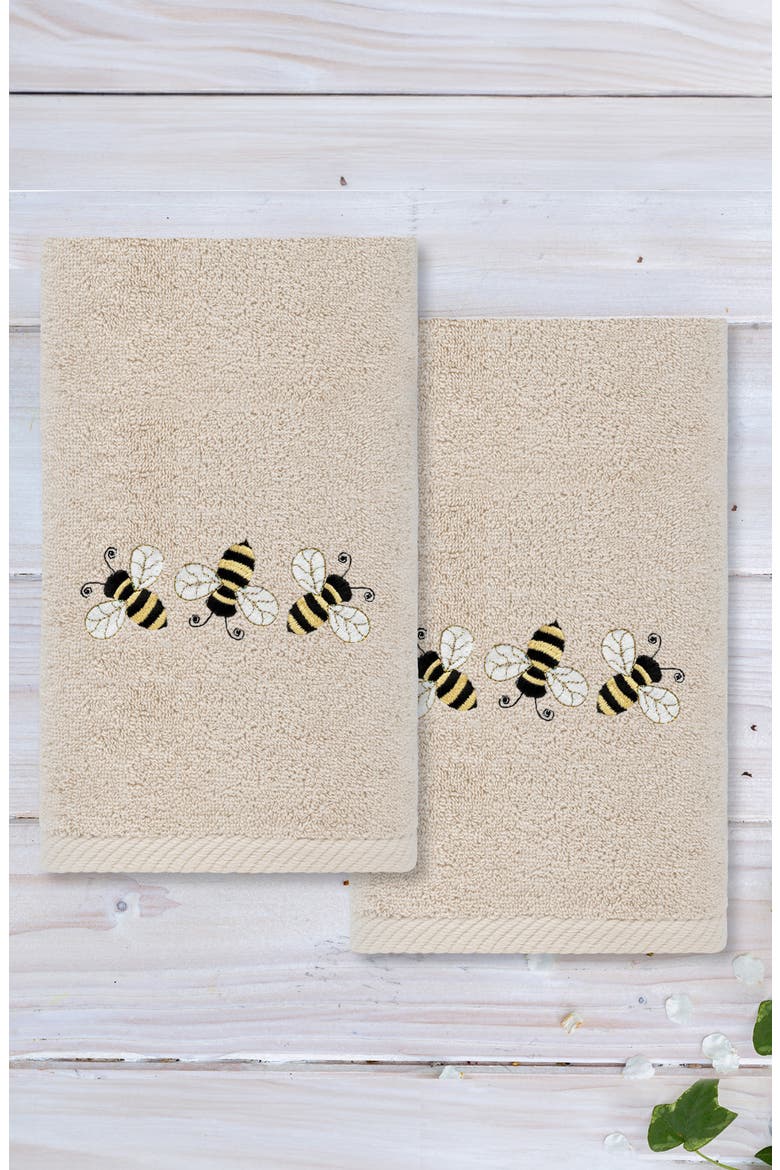 Set of 2 Bee Dance Embroidered Turkish Cotton Hand Towels, Alternate, color, SAND