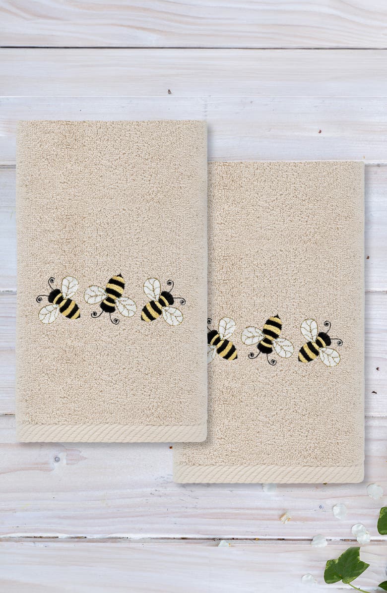 Linum Home Textiles Set of 2 Bee Dance Embroidered Turkish Cotton Hand Towels, Alternate, color, Sand