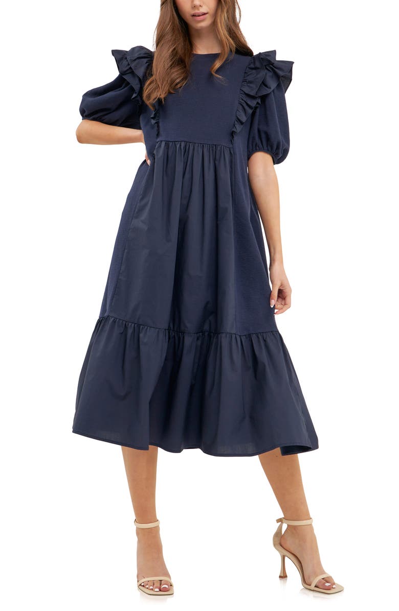 English Factory Ruffle Puff Sleeve Midi Dress, Main, color, Navy