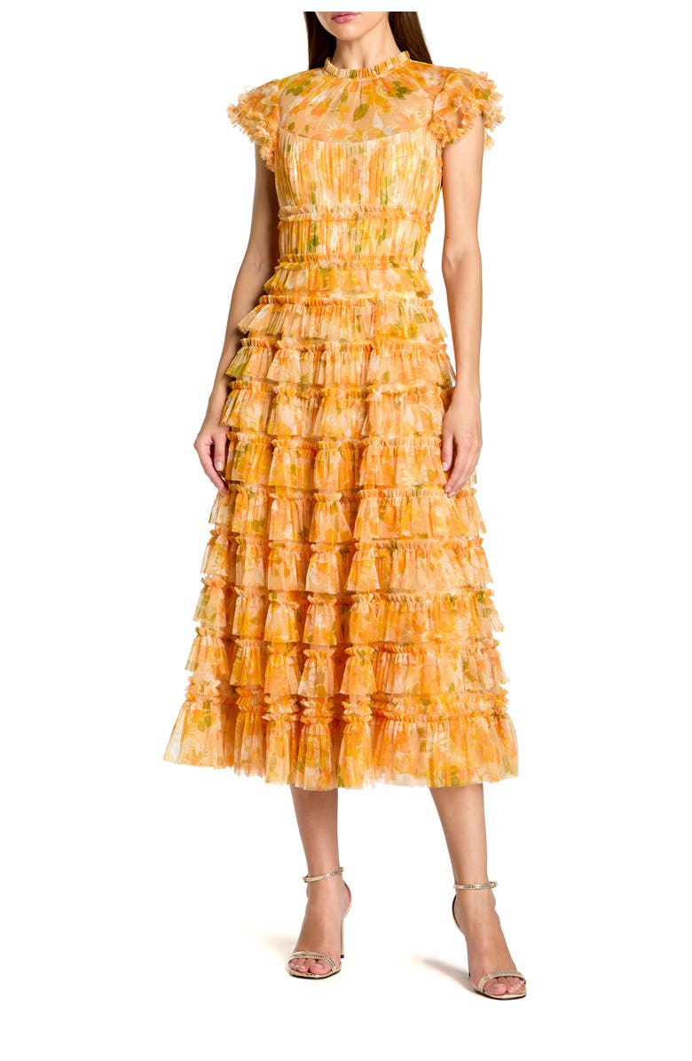 Mac Duggal Mesh Micro Ruffle High Neck Cap Sleeve Midi Dress, Main, color, Yellow Multi