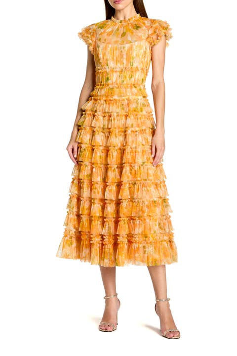 Mesh Micro Ruffle High Neck Cap Sleeve Midi Dress