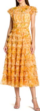 Mac Duggal Mesh Micro Ruffle High Neck Cap Sleeve Midi Dress