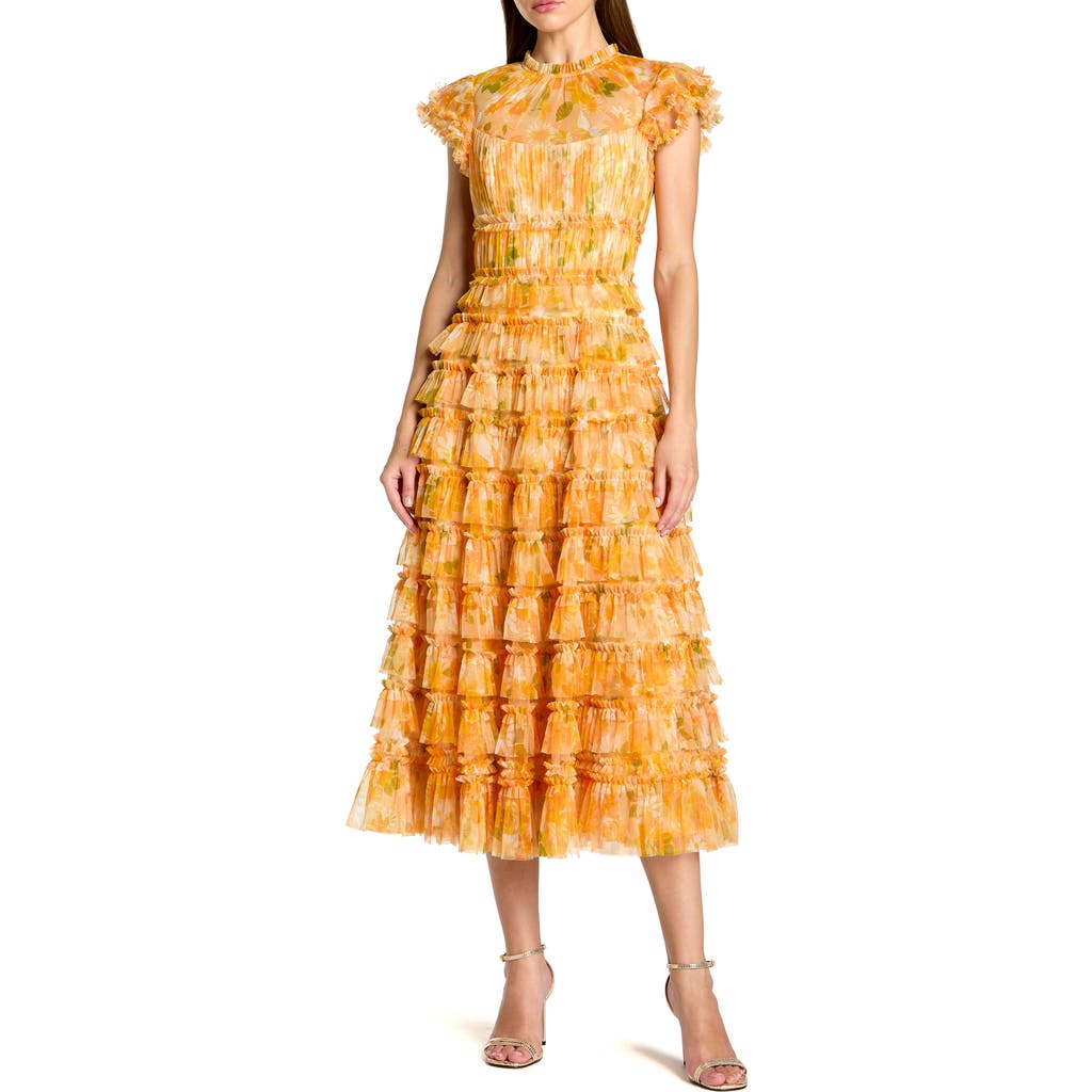 Mac Duggal Mesh Micro Ruffle High Neck Cap Sleeve Midi Dress in Yellow Multi at Nordstrom, Size 2