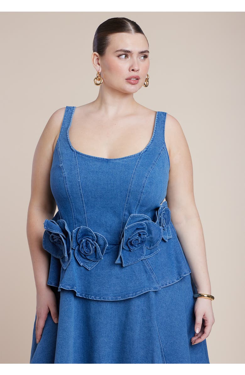 ELOQUII Denim Flower Applique Mini Dress, Alternate, color, Medium Wash