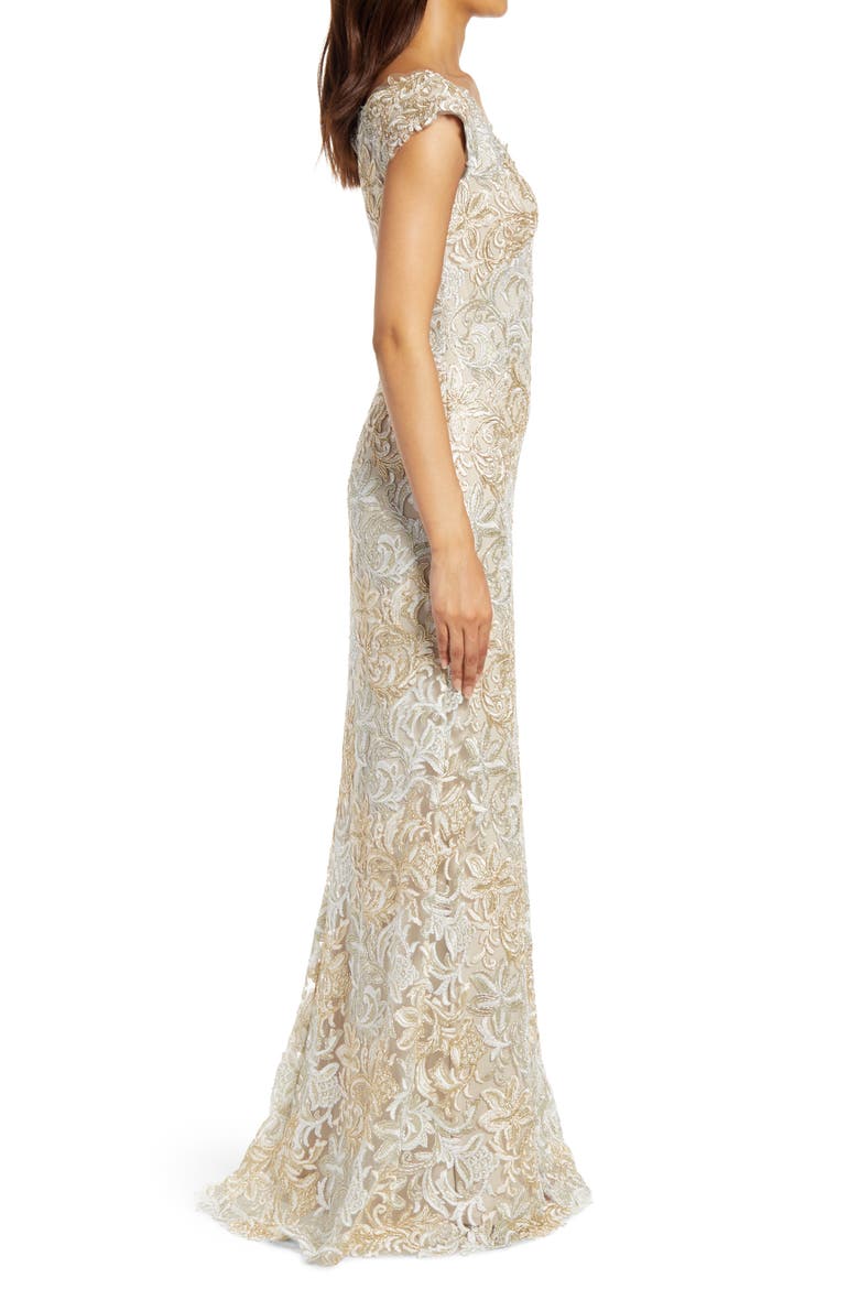 Cap Sleeve Embroidered Lace Gown, Alternate, color, WHITE/GOLD