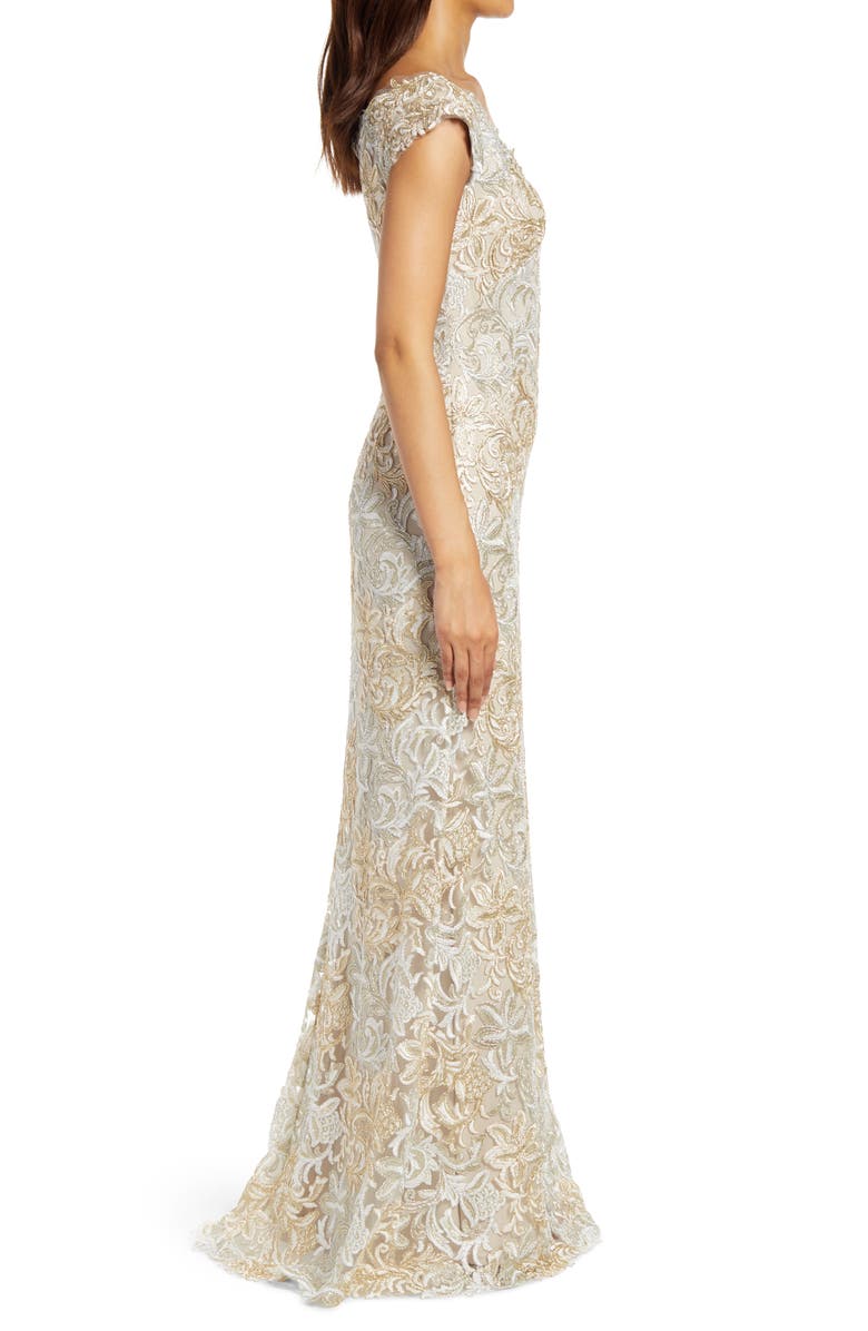 Tadashi Shoji Cap Sleeve Embroidered Lace Gown, Alternate, color, 
