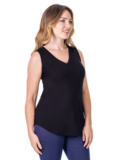 24seven Comfort Apparel Petites V-neck Tunic Tank Top With Round Hemline In Black