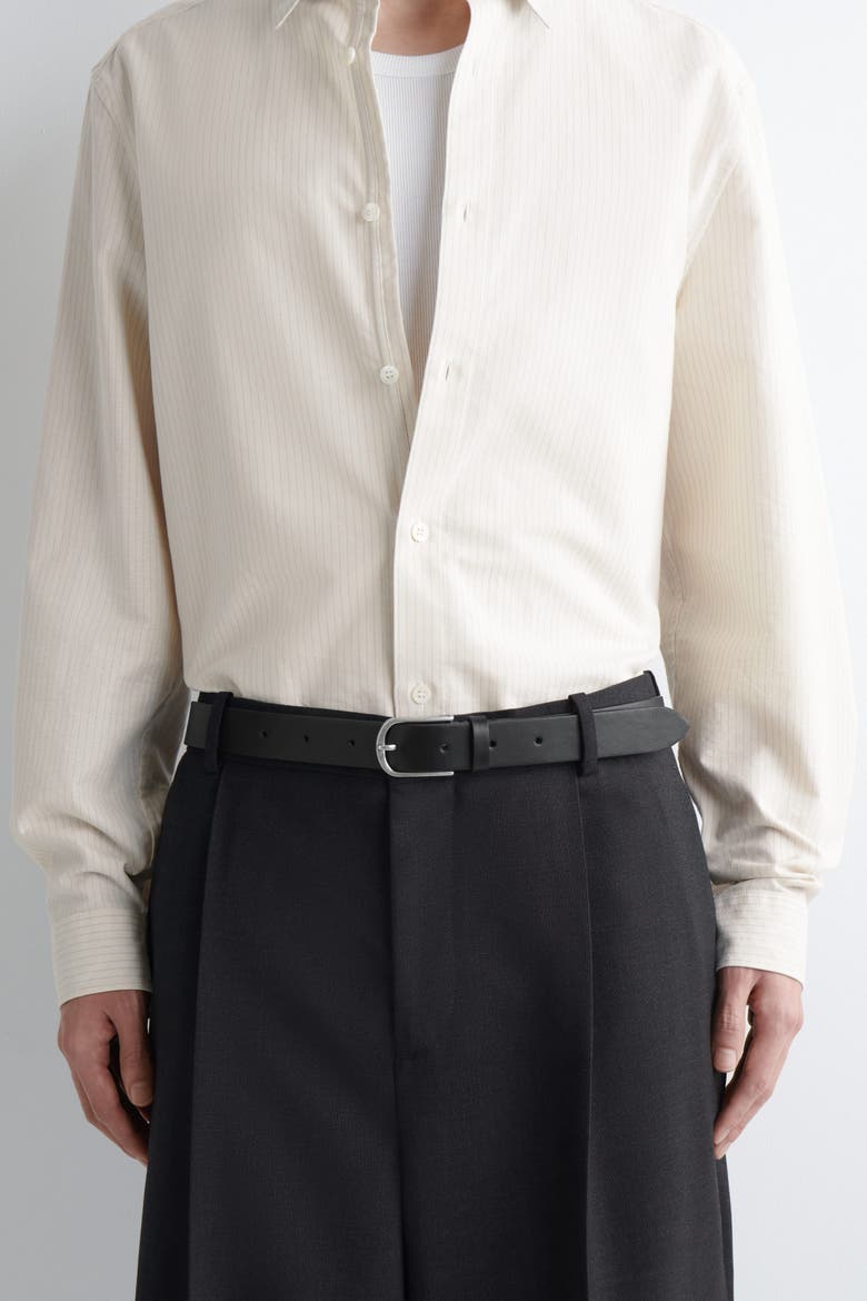Rounded-Buckle Leather Belt, Main, color, BLACK