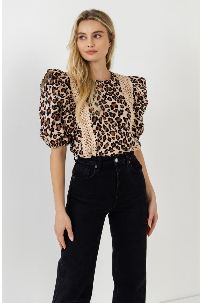 Leopard Print Ruffle Shoulder Cotton Top, Alternate, color, TAN MULTI