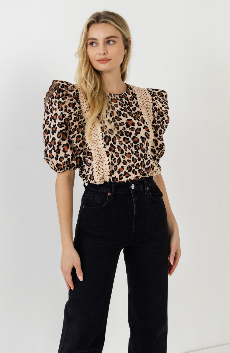 English Factory Leopard Print Ruffle Shoulder Cotton Top, Alternate, color, Tan Multi