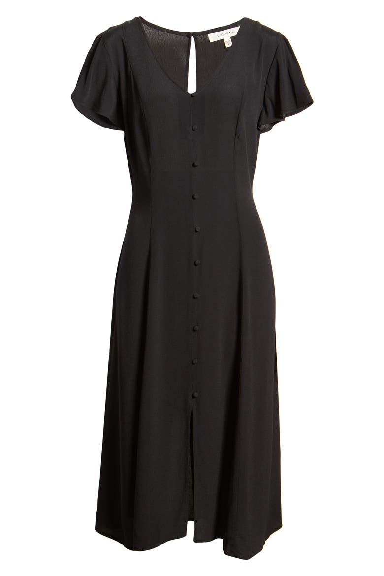 Button Front Flutter Sleeve Midi Dress, Alternate, color, BLACK