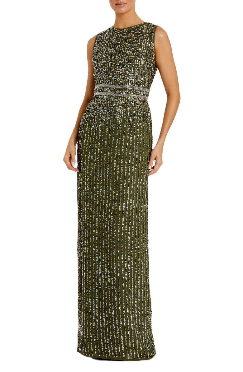 Mac Duggal Sequined High Neck Sleeveless Column Gown, Main, color, Olive
