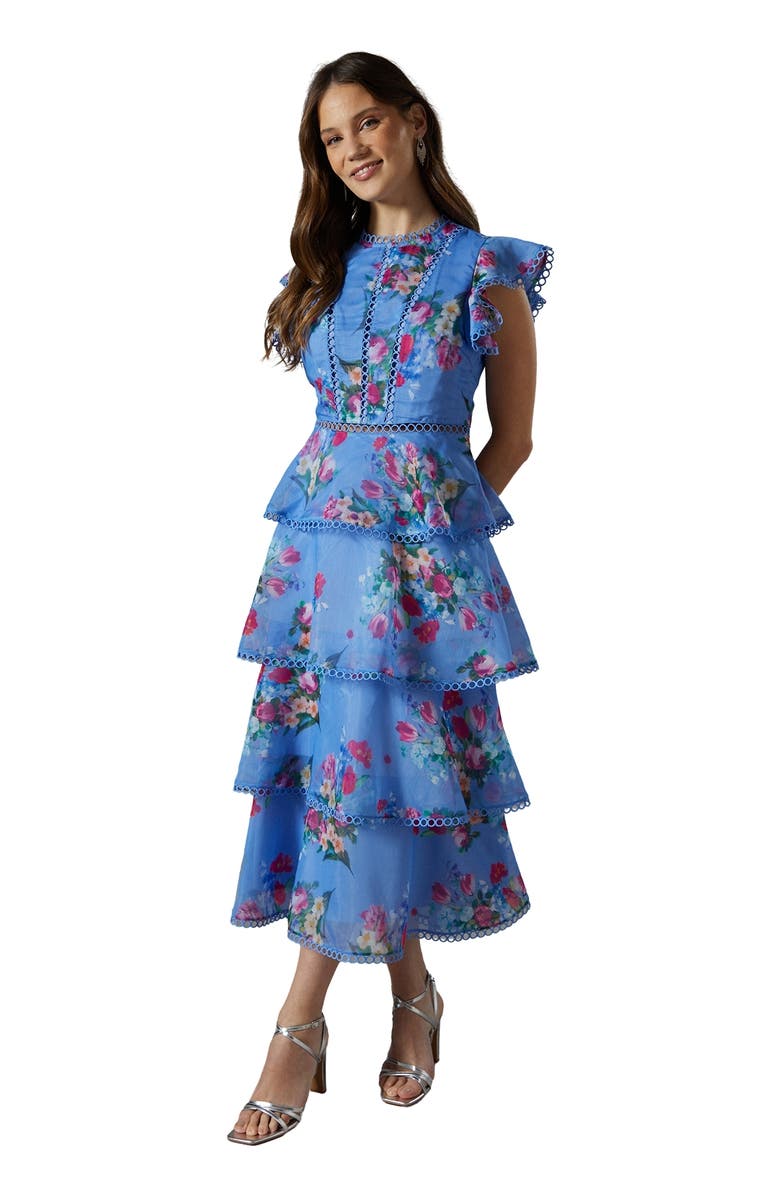 Coast Lace Trim Tiered Organza Midi Dress, Main, color, Blue