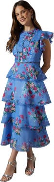 Coast Lace Trim Tiered Organza Midi Dress