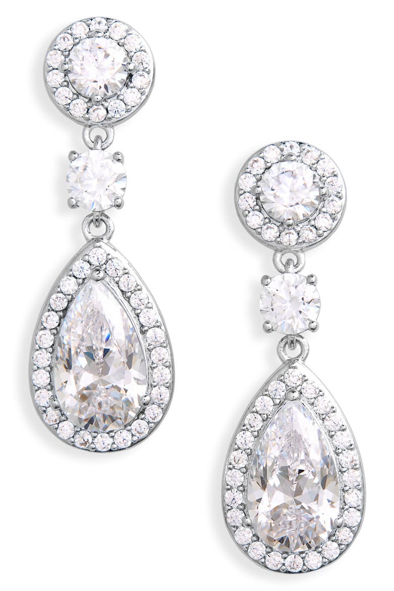 Cubic Zirconia Halo Drop Earrings, Main, color, RHODIUM