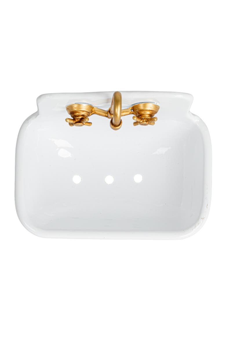 Vintage-Inspired Metal Sink Soap Dish with Faucet Design, Green, White and Gold, Alternate, color, White