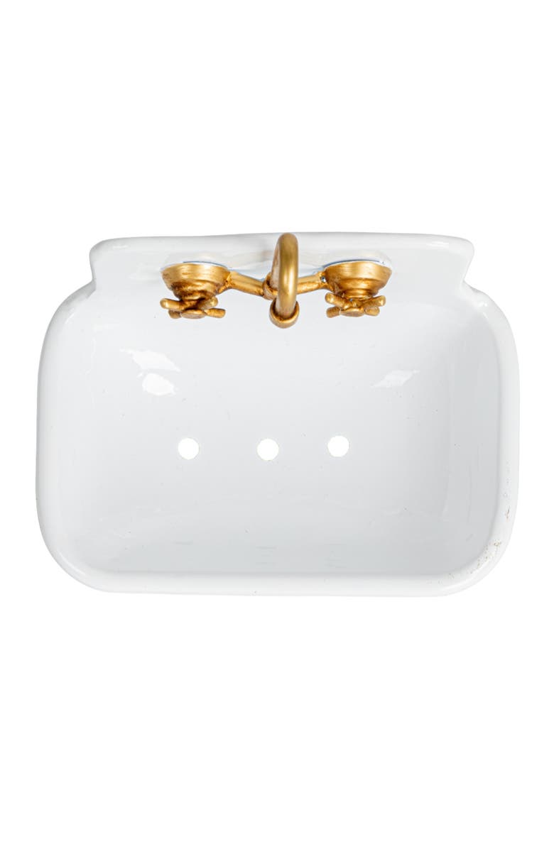 Storied Home Vintage-Inspired Metal Sink Soap Dish with Faucet Design, Green, White and Gold, Alternate, color, White