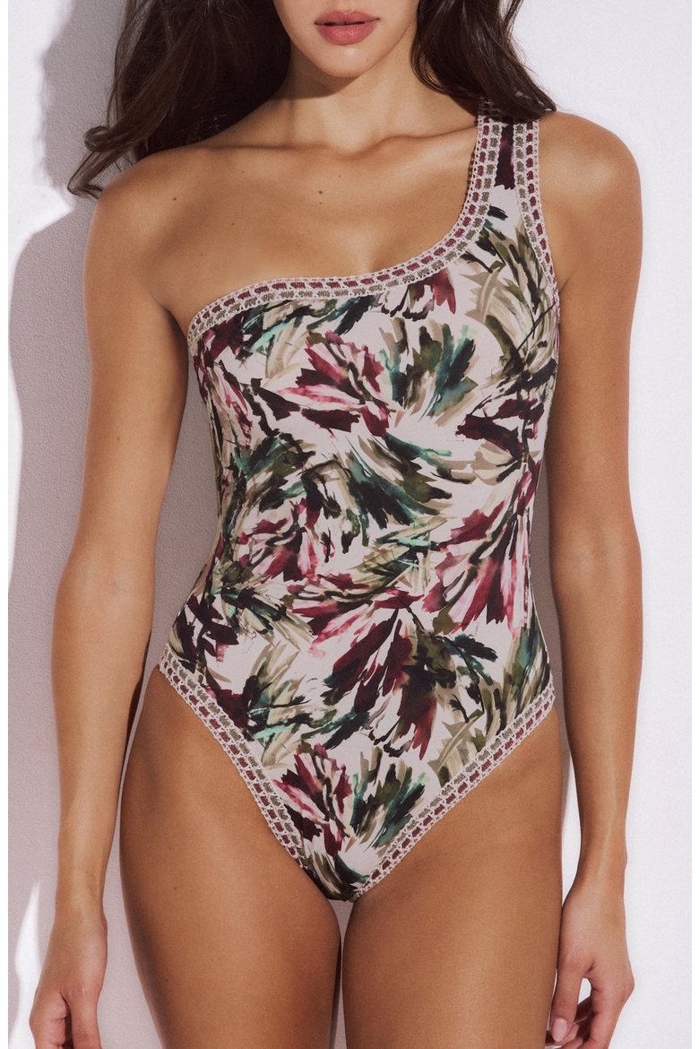 Melia One Shoulder Swimsuit with Crocheted Border, Main, color, Botanical