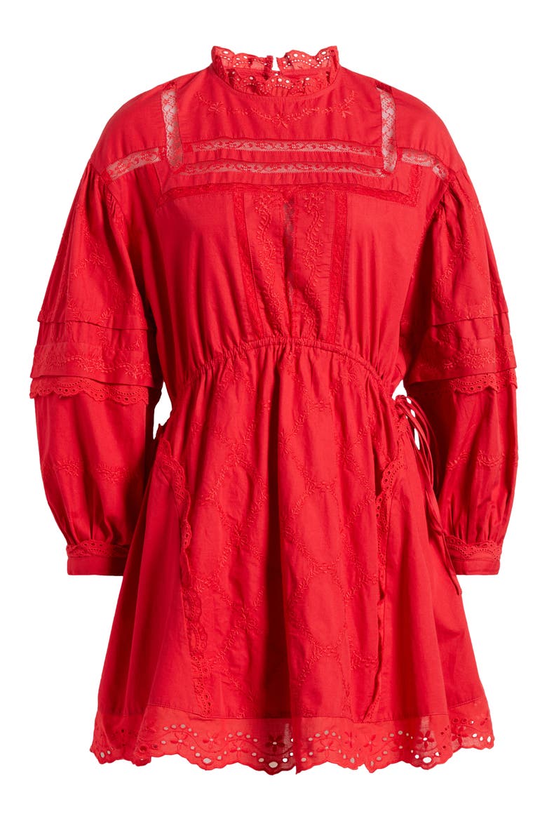 Clancy Lace & Eyelet Long Sleeve Organic Cotton Minidress, Alternate, color, RED