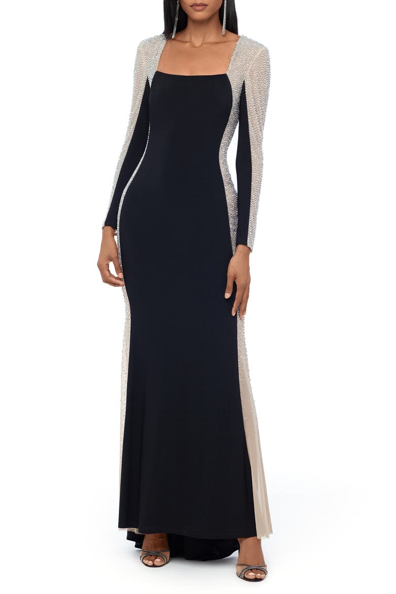 Crystal Contrast Long Sleeve Dress, Main, color, BLACK NUDE SILVER
