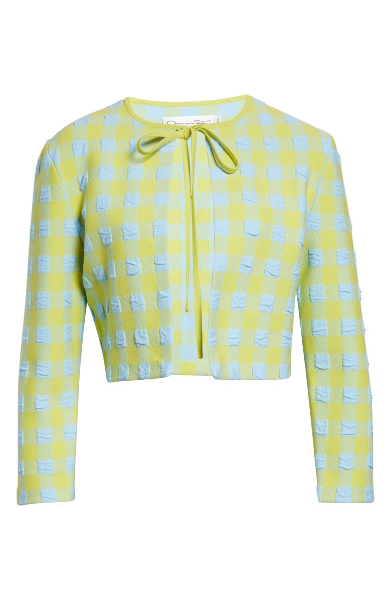 Oscar de la Renta Crop Gingham Jacquard Cardigan, Main, color, Cerulean/ Pear