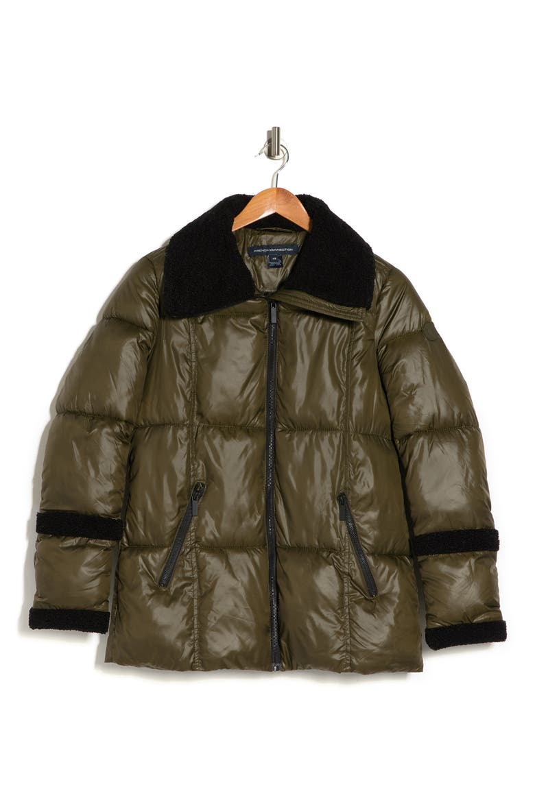 Puffer Faux Shearling Trim Jacket, Alternate, color, OLIVE