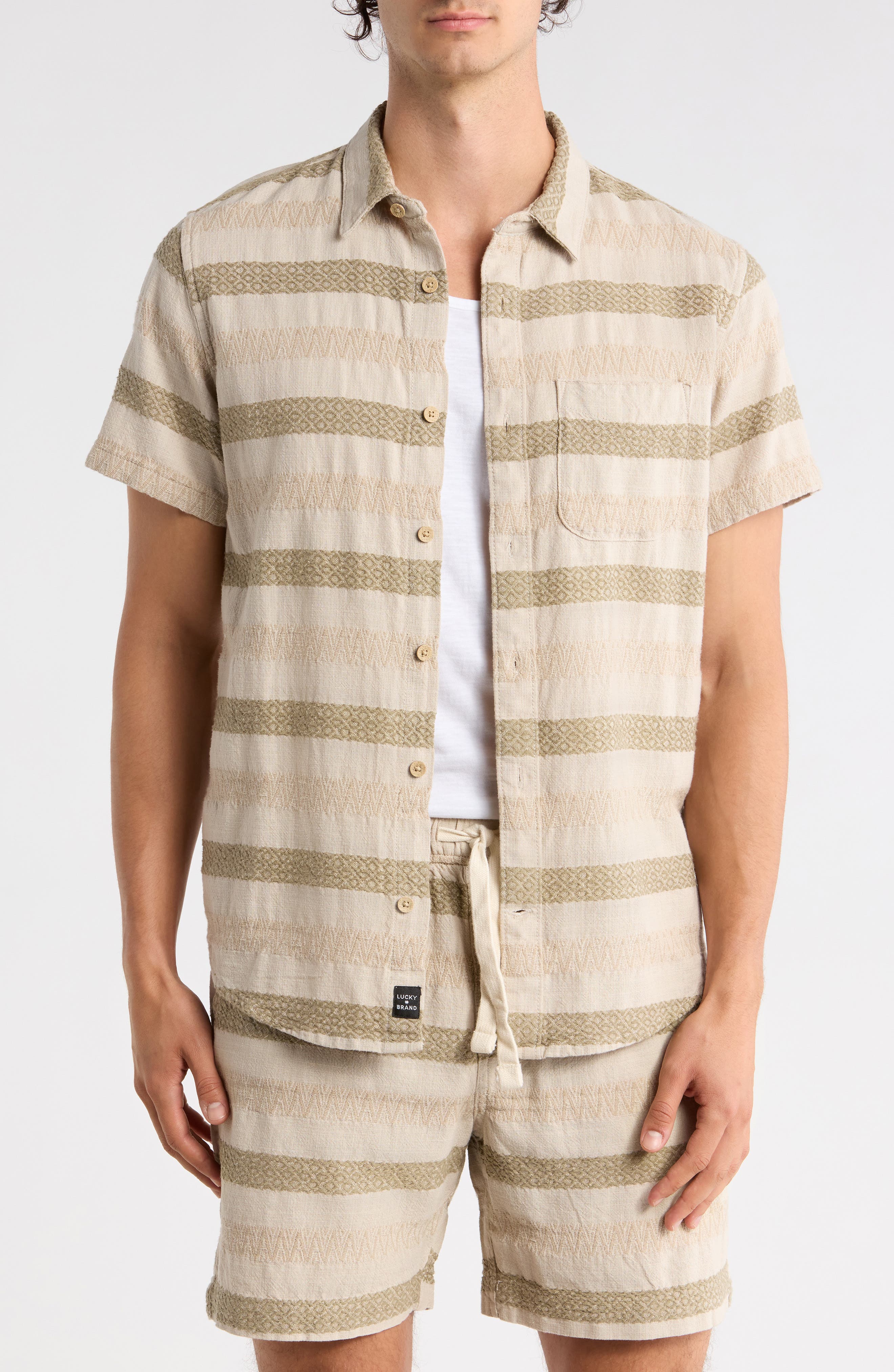 Lucky Brand San Gabriel Dobby Stripe Short Sleeve Cotton Button-Up Shirt