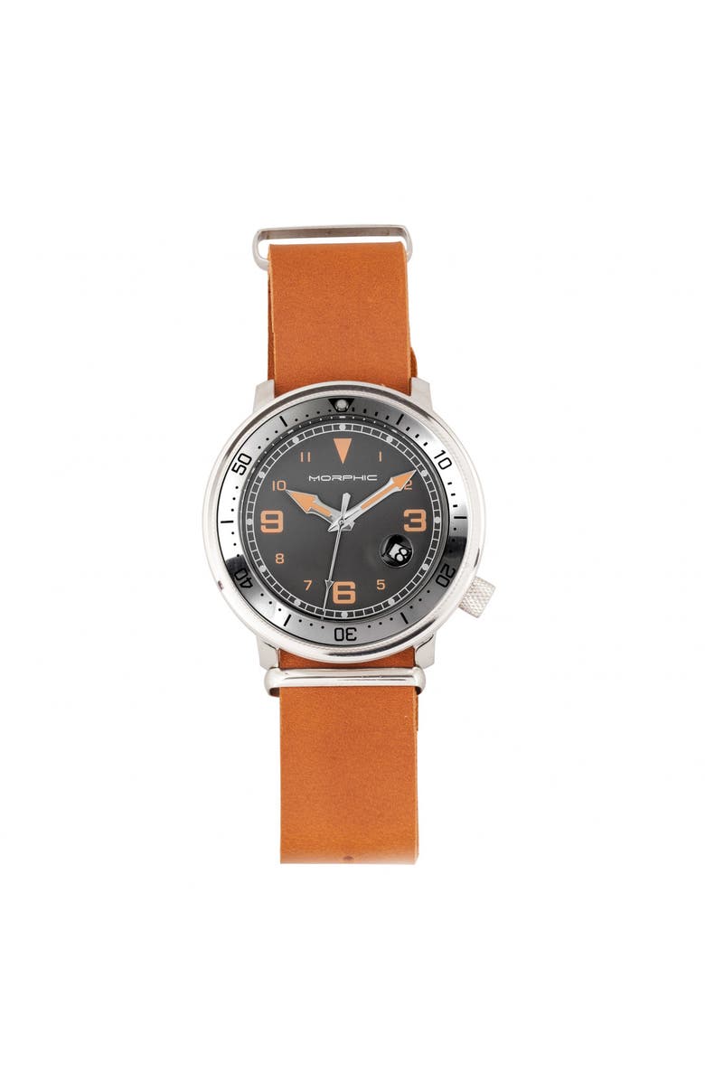 Morphic M74 Series Leather-Band Watch w/Magnified Date Display, Main, color, Camel/Grey/Brown