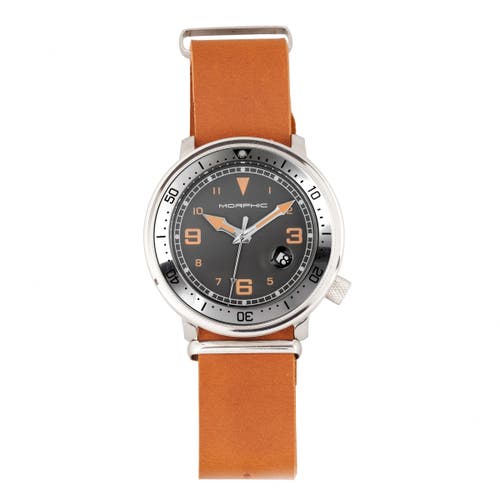 Morphic M74 Series Leather-band Watch W/magnified Date Display In Camel/grey/brown