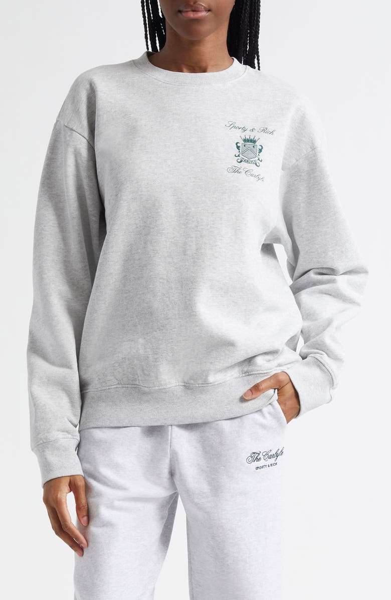 Sporty & Rich x The Carlyle Crest Logo Cotton Blend Crewneck Sweatshirt, Main, color, Heather Gray