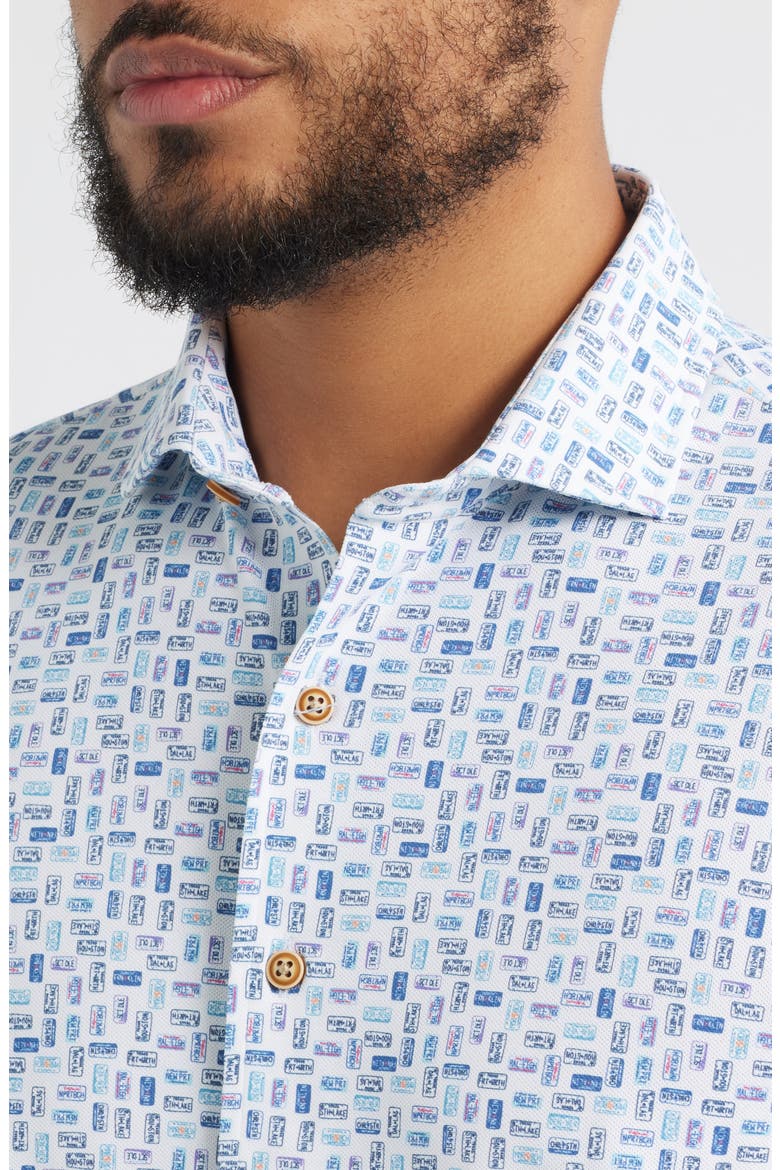 Roadtrip Hangin' Out License Plate Print Short Sleeve Button-Up Shirt, Alternate, color, WHITE