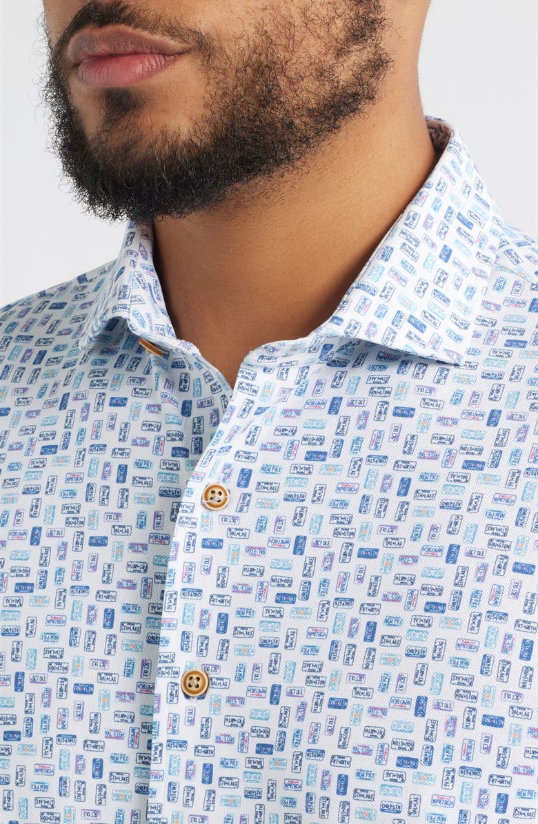 johnnie-O Roadtrip Hangin' Out License Plate Print Short Sleeve Button-Up Shirt, Alternate, color, White
