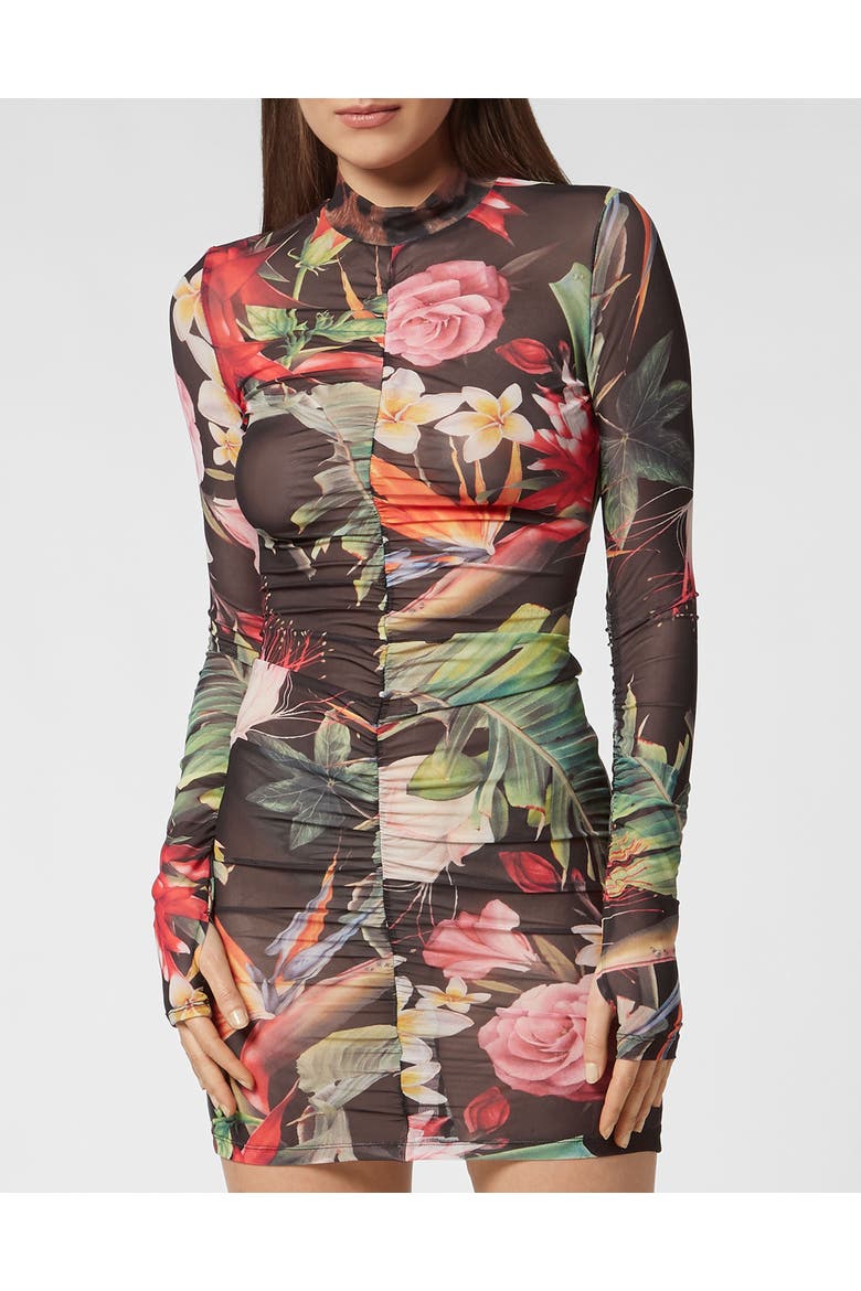 Short Dress Flowers Women, Main, color, black/multicolored
